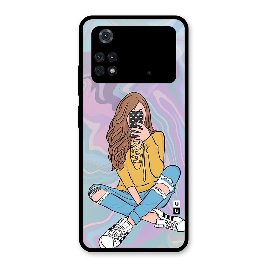 Selfie Girl Illustration Glass Back Case for Poco M4 Pro 4G
