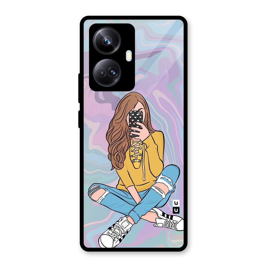 Selfie Girl Illustration Glass Back Case for Realme 10 Pro Plus