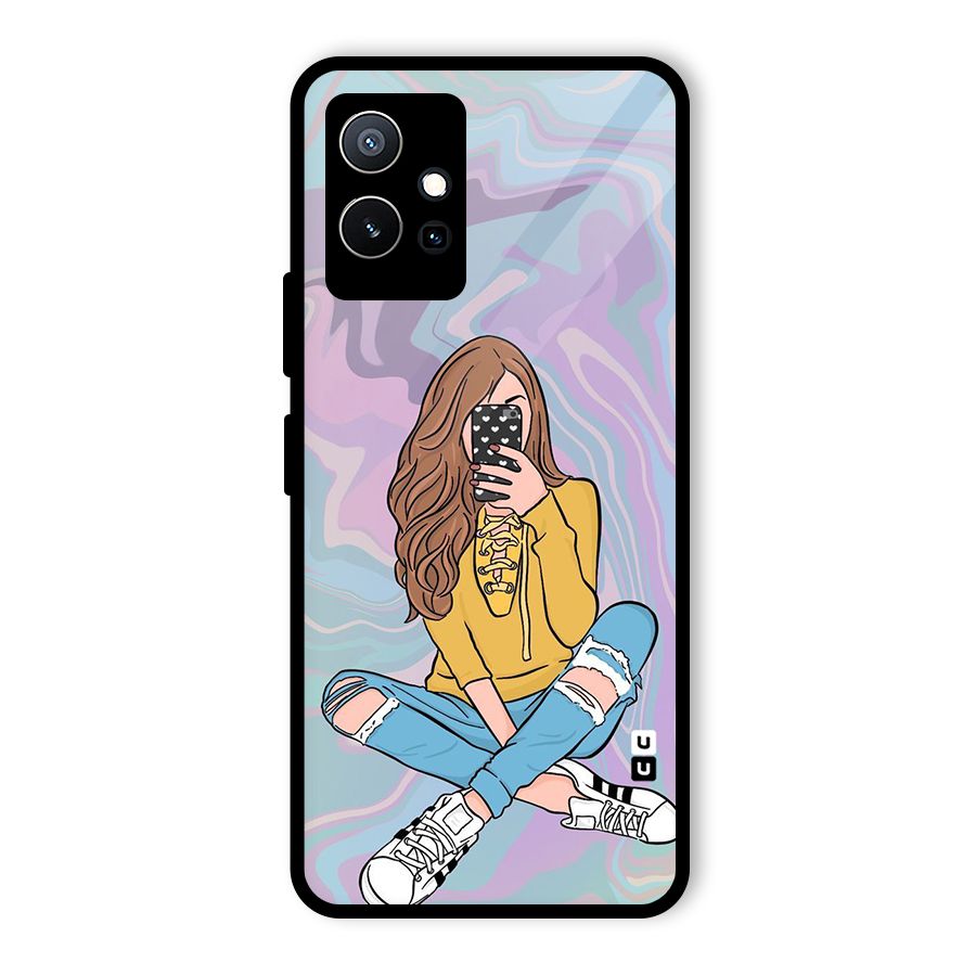 Selfie Girl Illustration Glass Back Case for Vivo T1 5G