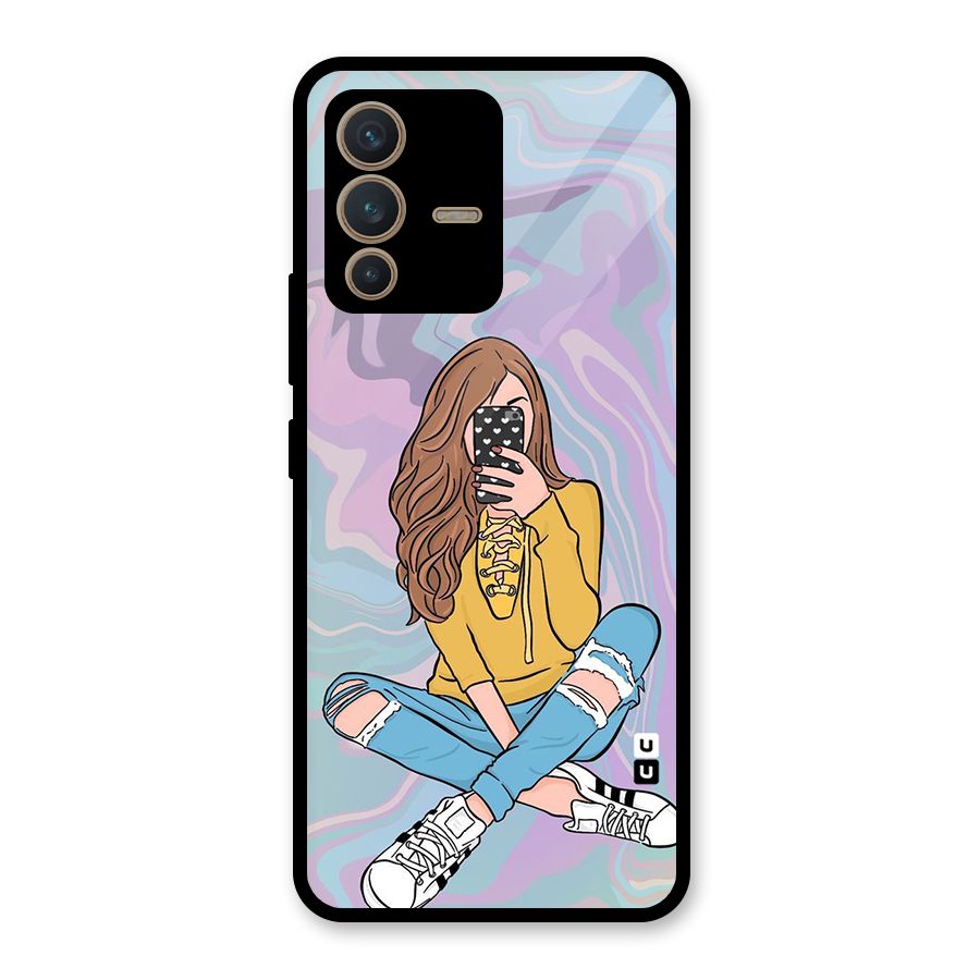 Selfie Girl Illustration Glass Back Case for Vivo V23 5G