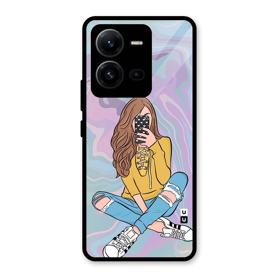 Selfie Girl Illustration Glass Back Case for Vivo V25