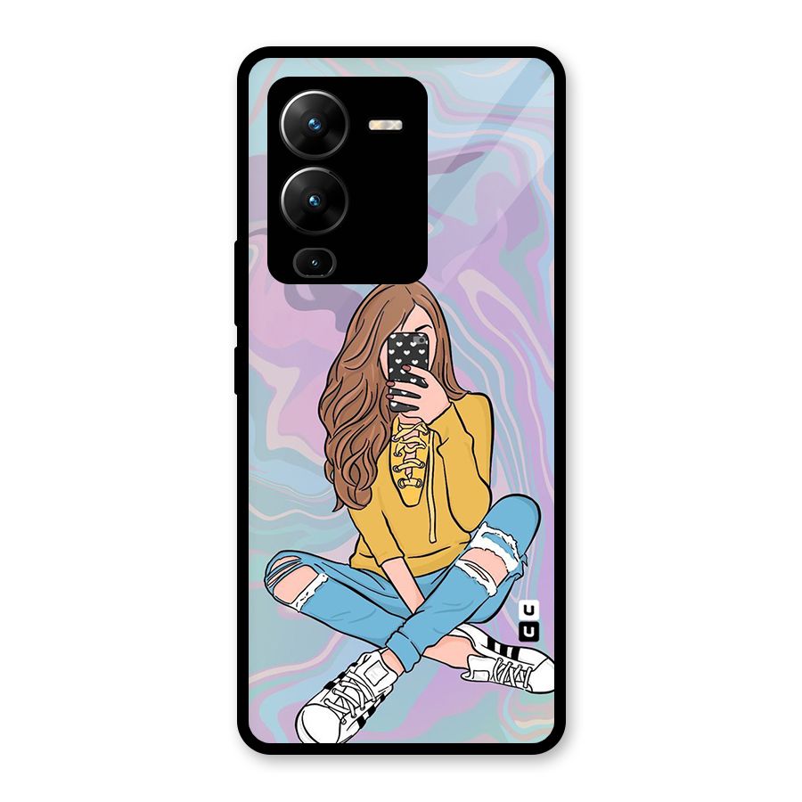 Selfie Girl Illustration Glass Back Case for Vivo V25 Pro