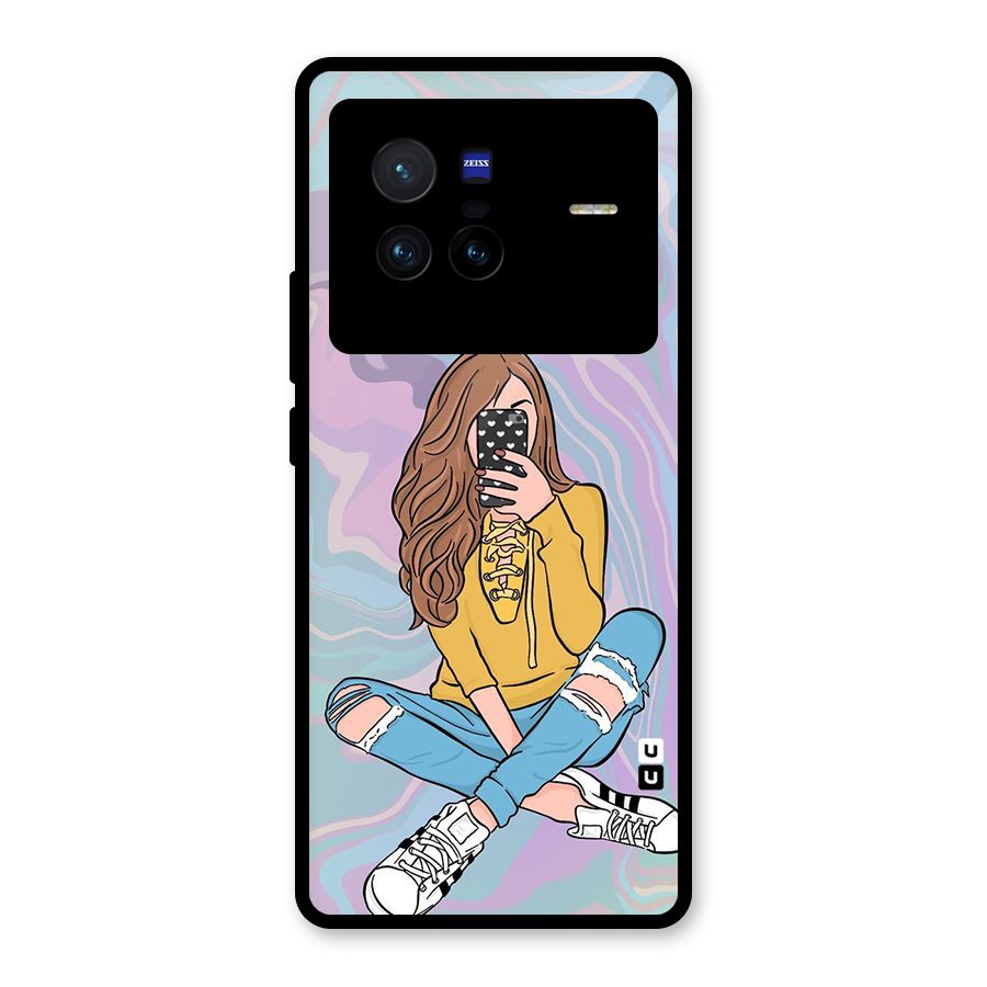 Selfie Girl Illustration Glass Back Case for Vivo X80