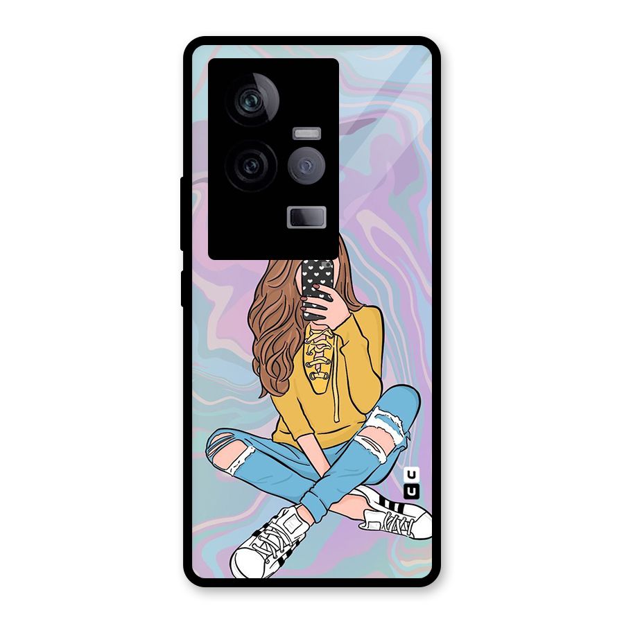 Selfie Girl Illustration Glass Back Case for Vivo iQOO 11 5G