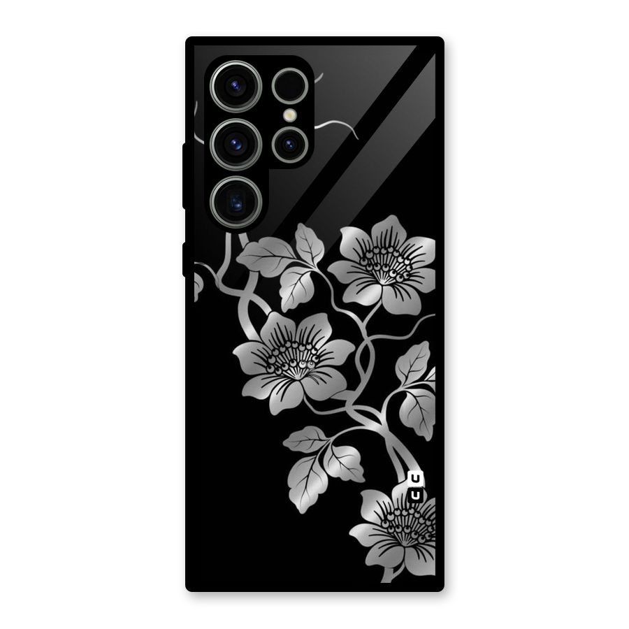Silver Grey Flowers Glass Back Case for Galaxy S23 Ultra