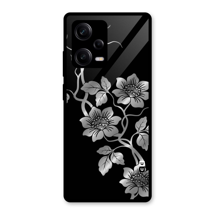 Silver Grey Flowers Glass Back Case for Redmi Note 12 Pro