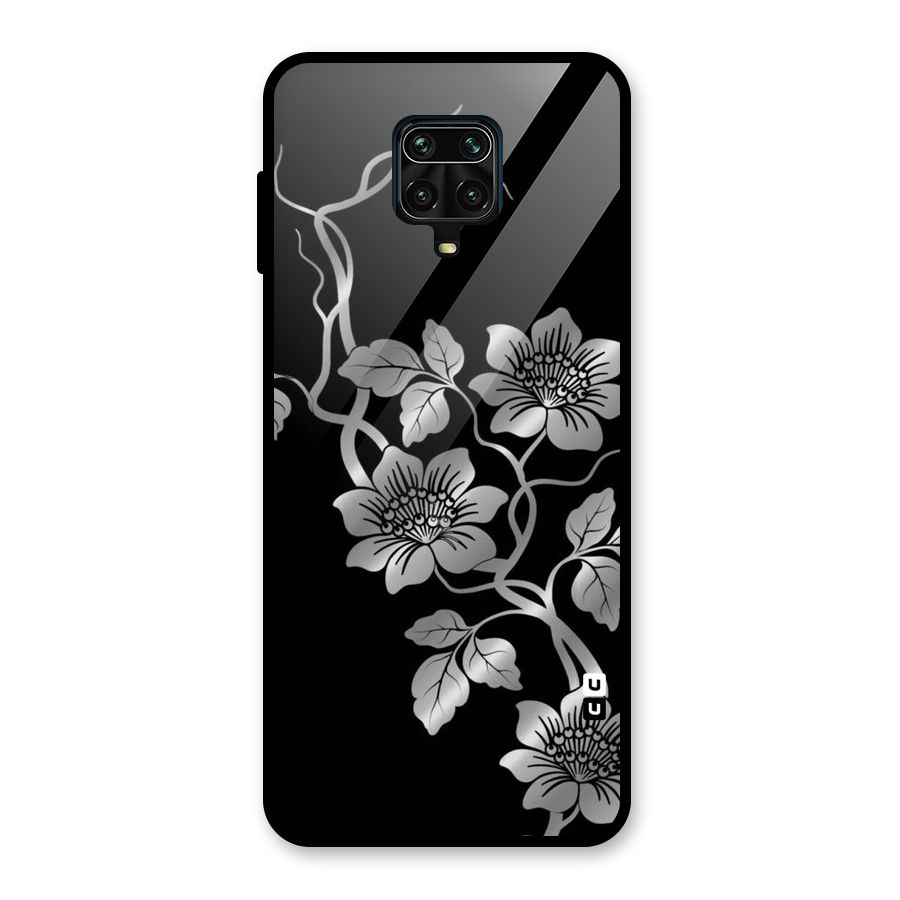 Silver Grey Flowers Glass Back Case for Redmi Note 9 Pro