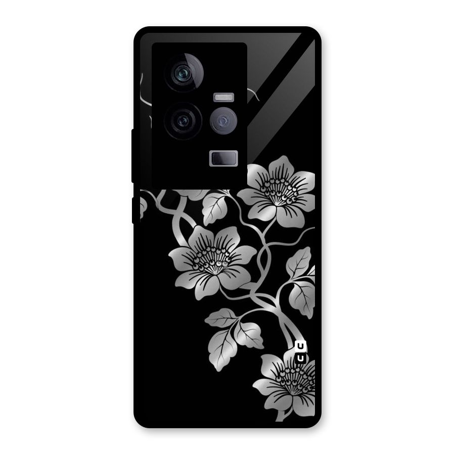 Silver Grey Flowers Glass Back Case for Vivo iQOO 11 5G