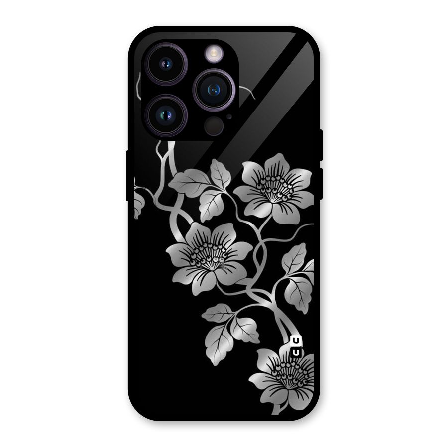 Silver Grey Flowers Glass Back Case for iPhone 14 Pro