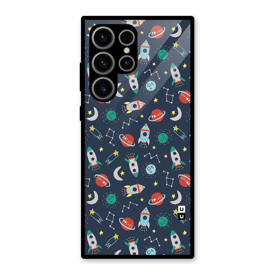 Space Rocket Pattern Glass Back Case for Galaxy S23 Ultra