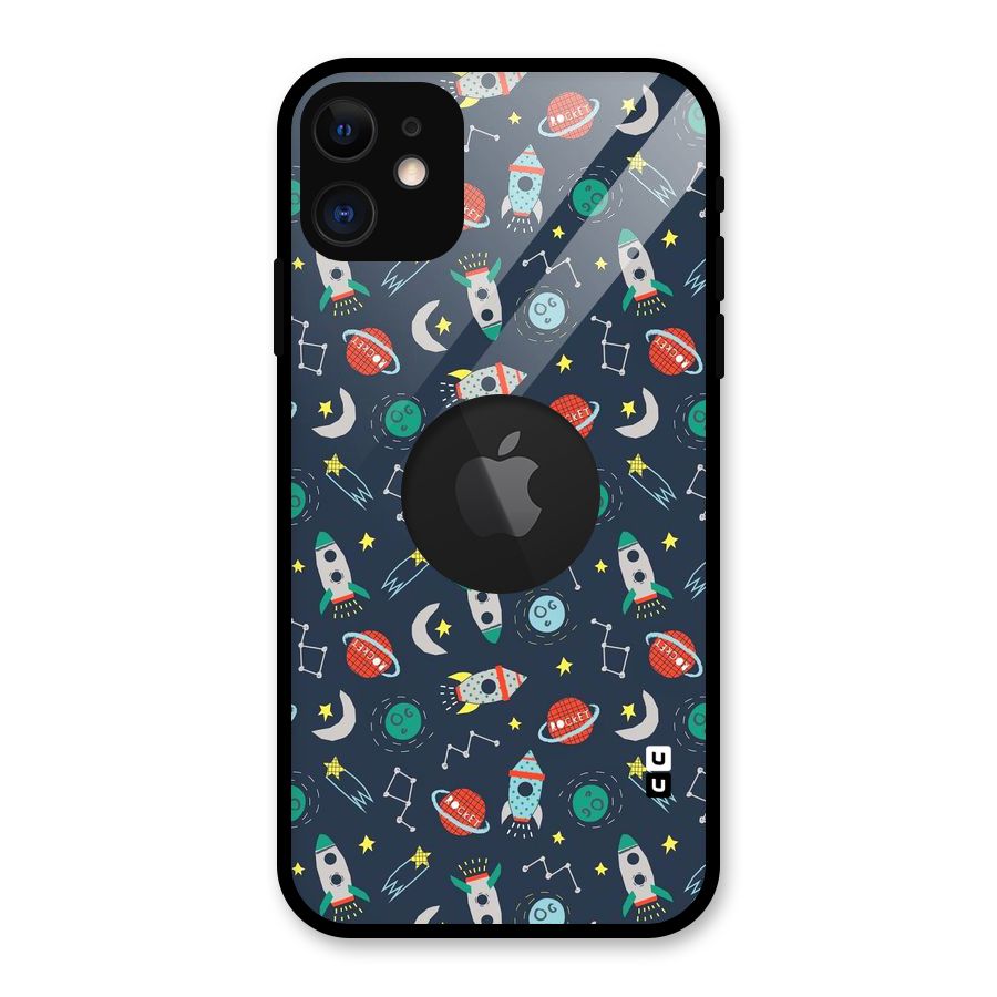 Space Rocket Pattern Glass Back Case for iPhone 11 Logo Cut
