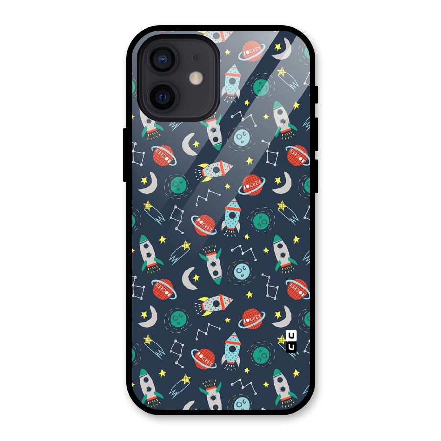 Space Rocket Pattern Glass Back Case for iPhone 12