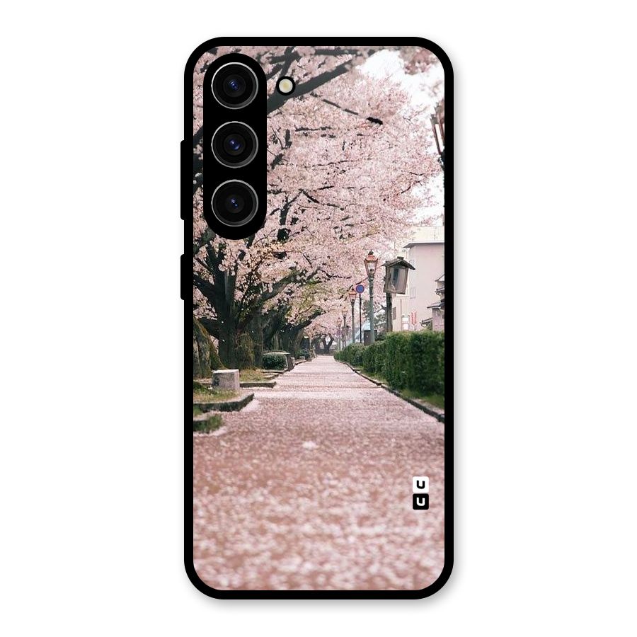 Street In Pink Flowers Glass Back Case for Galaxy S23