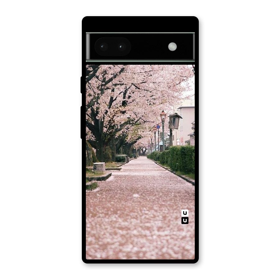 Street In Pink Flowers Glass Back Case for Google Pixel 6a