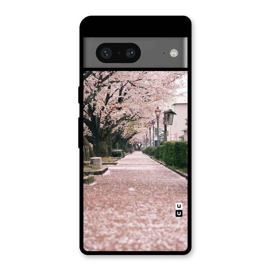 Street In Pink Flowers Glass Back Case for Google Pixel 7