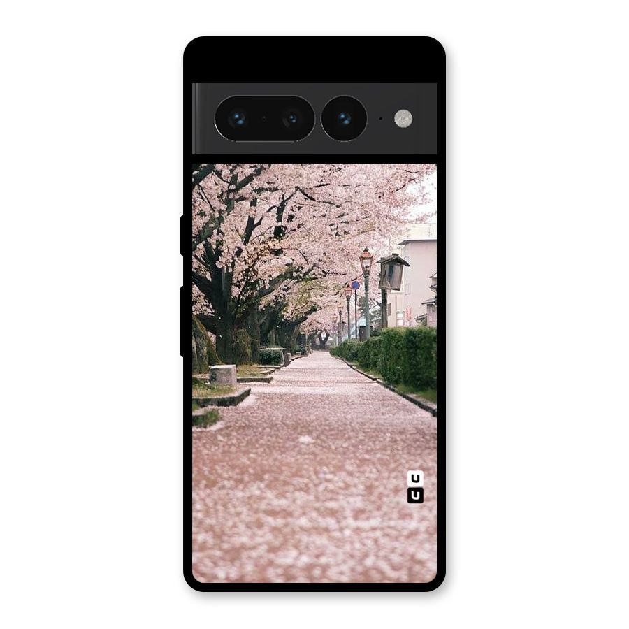 Street In Pink Flowers Glass Back Case for Google Pixel 7 Pro