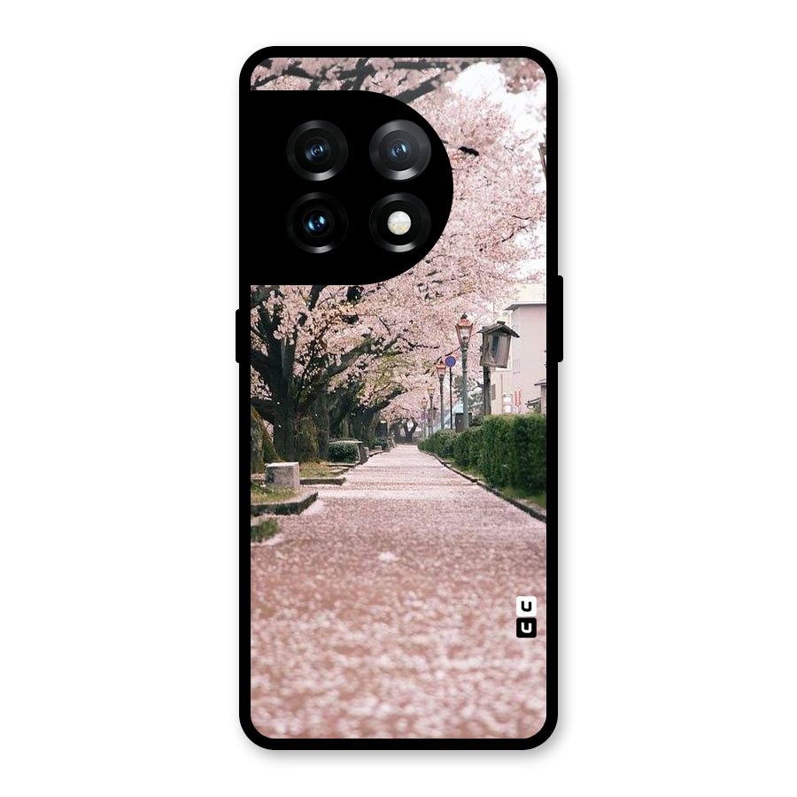 Street In Pink Flowers Glass Back Case for OnePlus 11