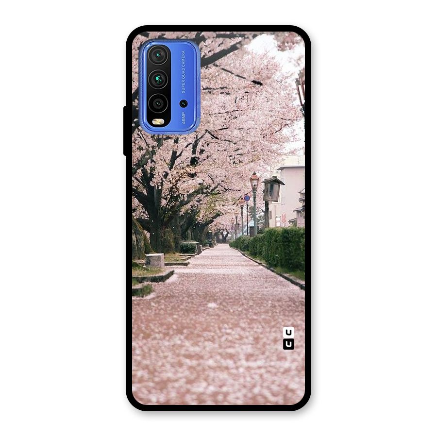 Street In Pink Flowers Glass Back Case for Redmi 9 Power