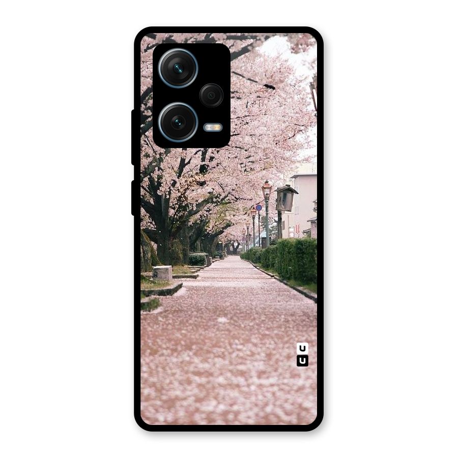 Street In Pink Flowers Glass Back Case for Redmi Note 12 Pro Plus 5G