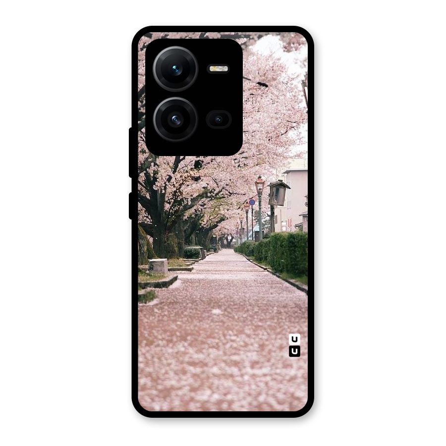 Street In Pink Flowers Glass Back Case for Vivo V25