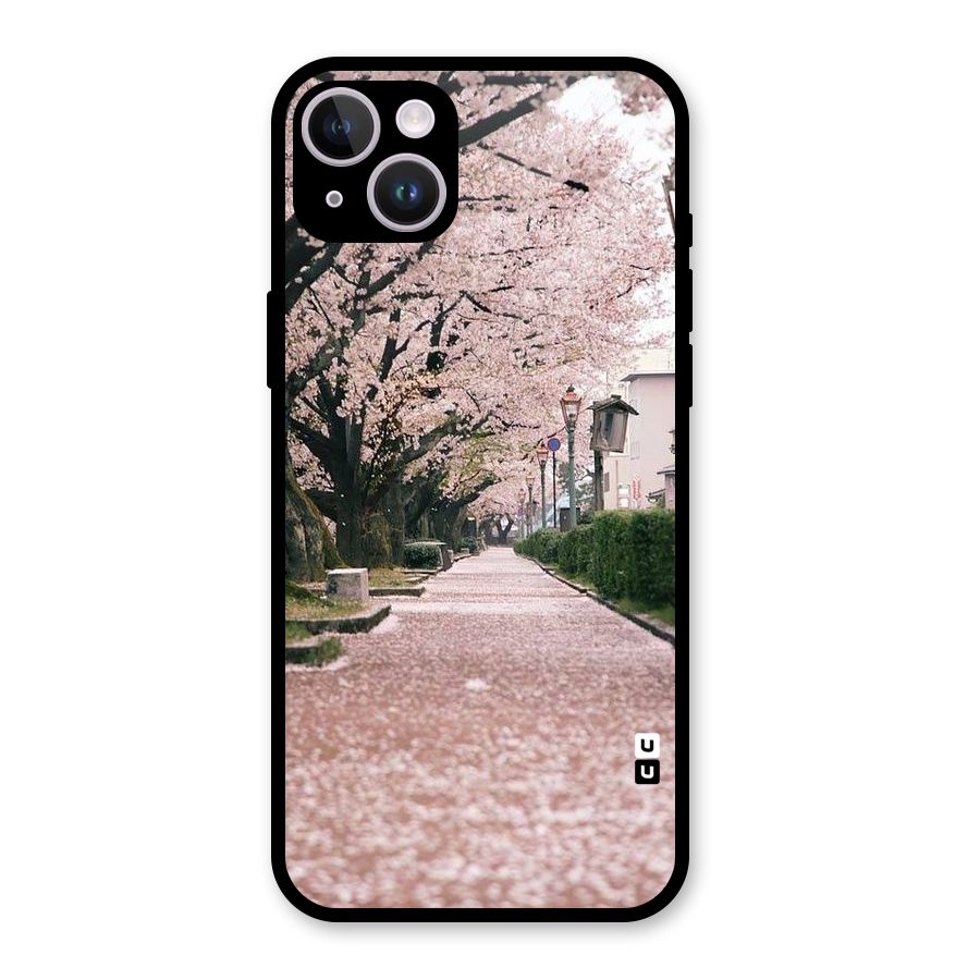 Street In Pink Flowers Glass Back Case for iPhone 14 Plus