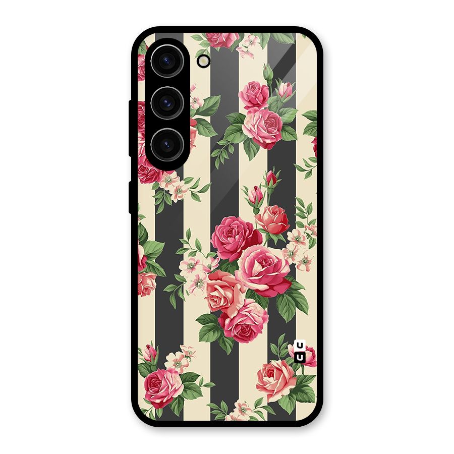 Stripes And Floral Glass Back Case for Galaxy S23