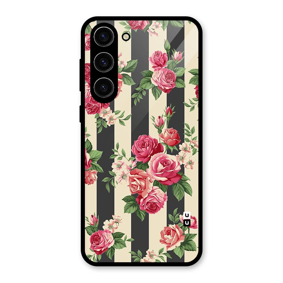 Stripes And Floral Glass Back Case for Galaxy S23 Plus