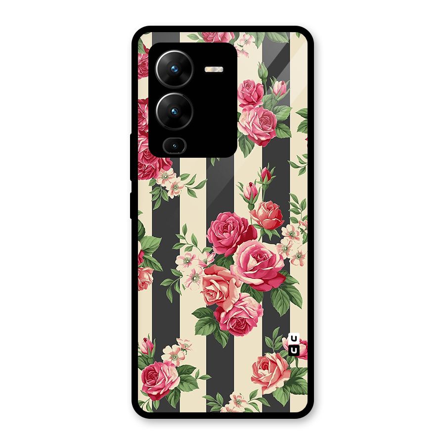 Stripes And Floral Glass Back Case for Vivo V25 Pro