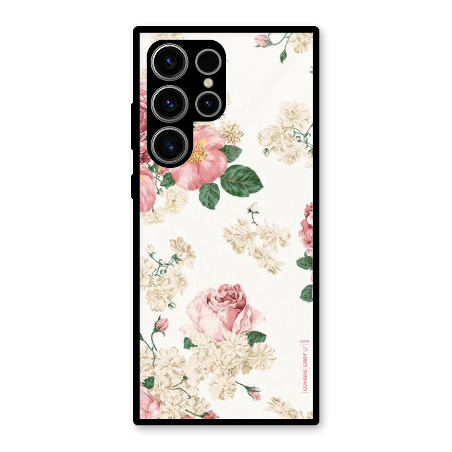 Vintage Floral Pattern Glass Back Case for Galaxy S23 Ultra