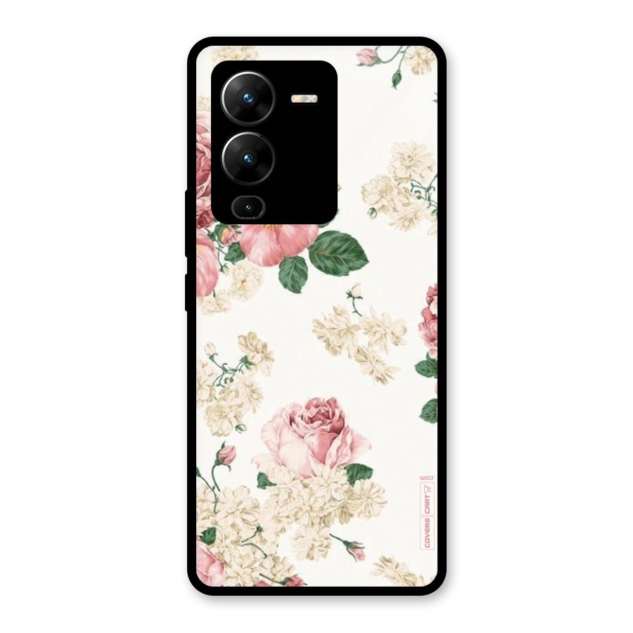 Vintage Floral Pattern Glass Back Case for Vivo V25 Pro