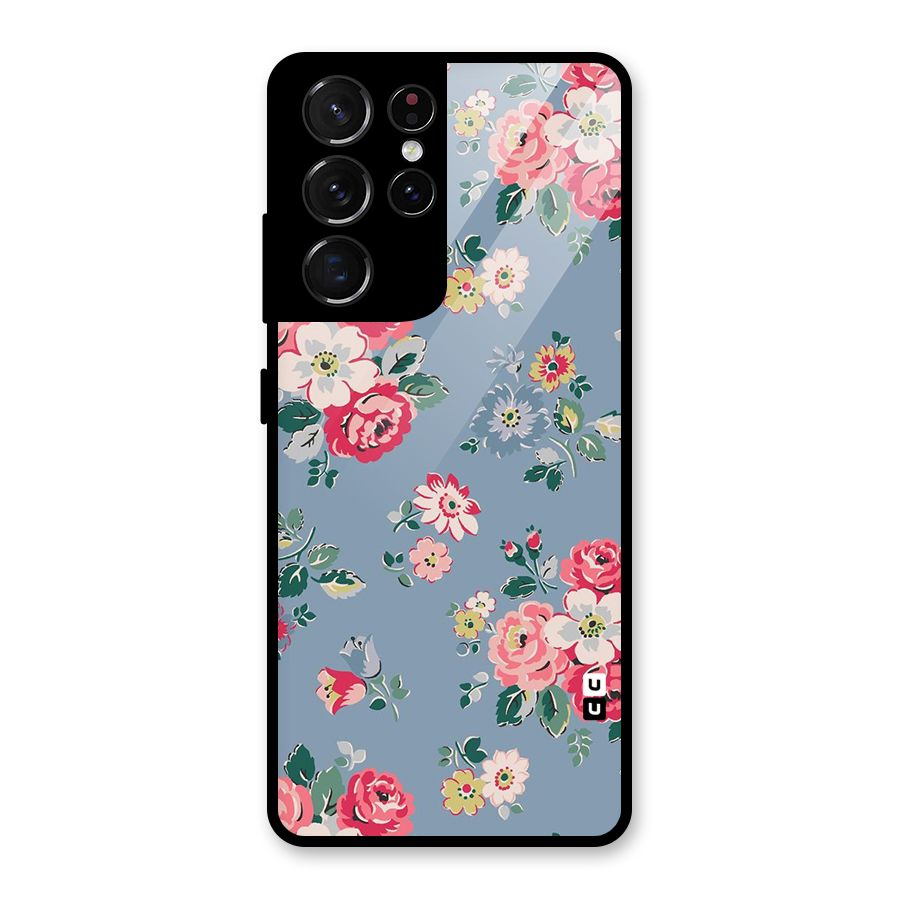 Vintage Flower Pattern Glass Back Case for Galaxy S21 Ultra 5G