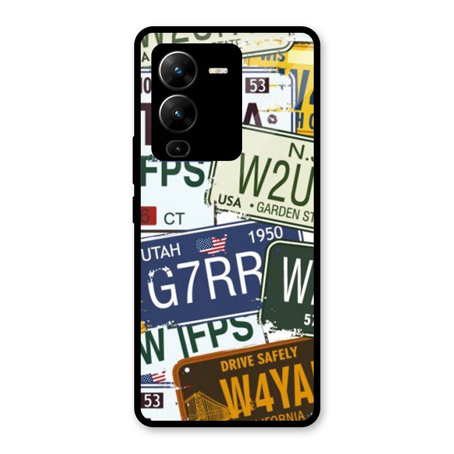 Vintage License Plates Glass Back Case for Vivo V25 Pro
