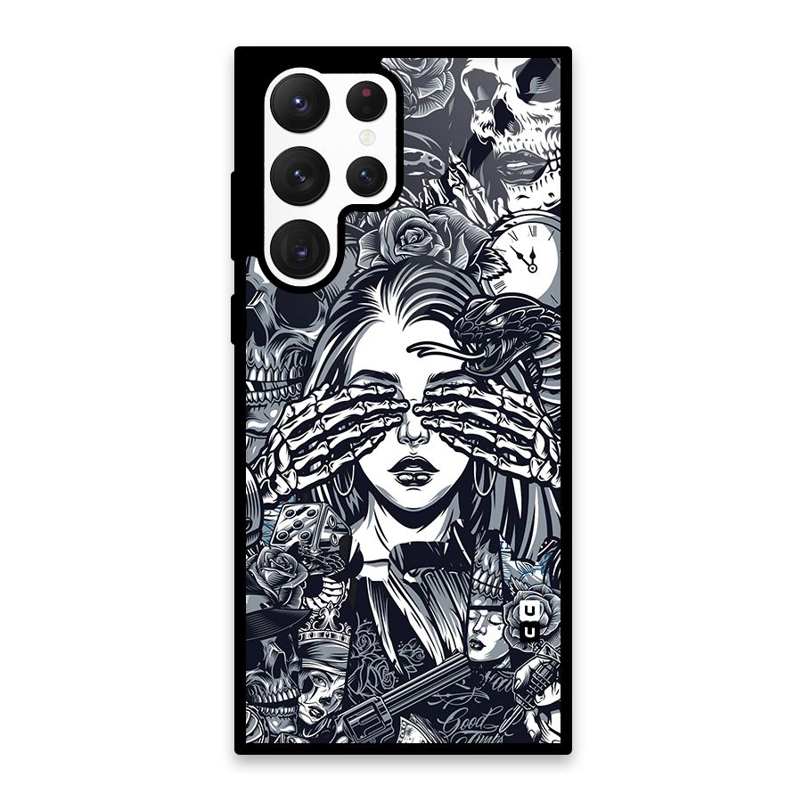 Vintage Skulls and Girl Style Glass Back Case for Galaxy S22 Ultra 5G