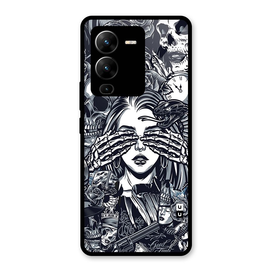 Vintage Skulls and Girl Style Glass Back Case for Vivo V25 Pro