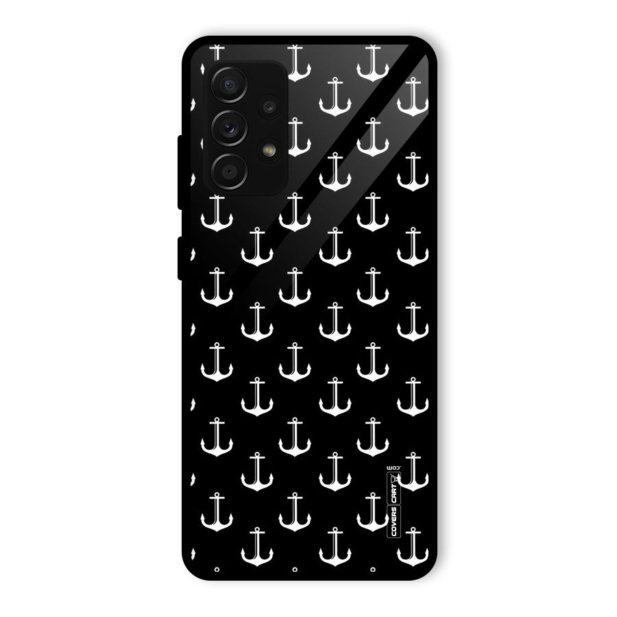 White And Black Anchor Pattern Glass Back Case for Galaxy A53 5G