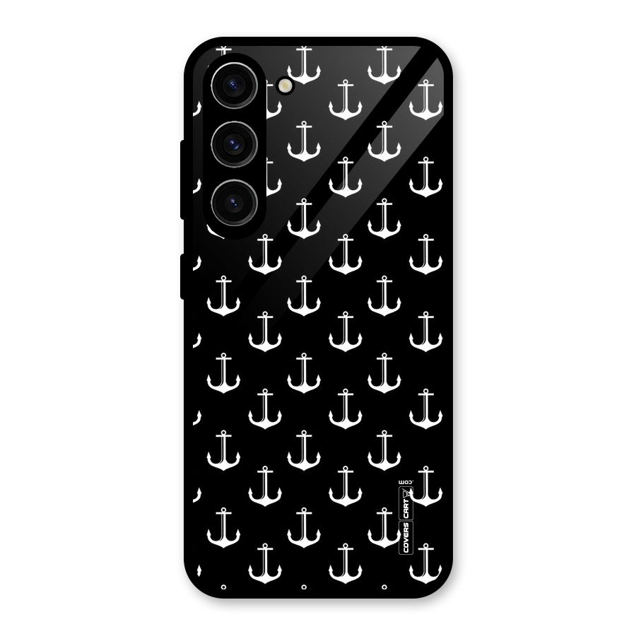 White And Black Anchor Pattern Glass Back Case for Galaxy S23