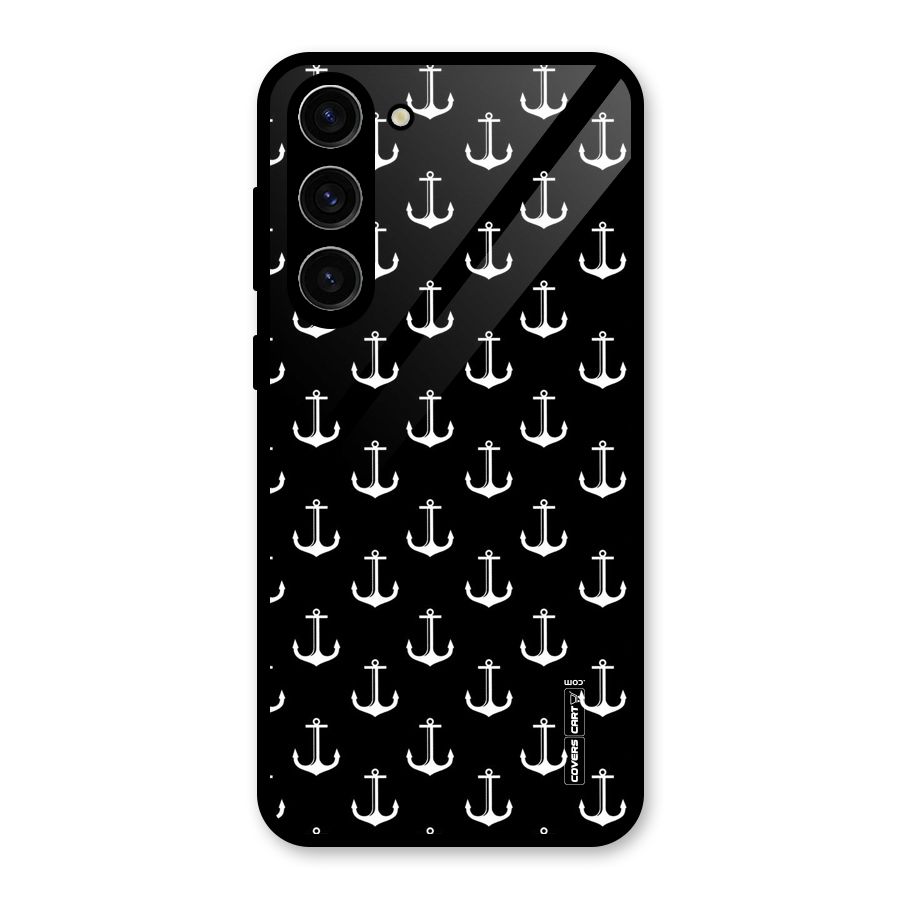 White And Black Anchor Pattern Glass Back Case for Galaxy S23 Plus