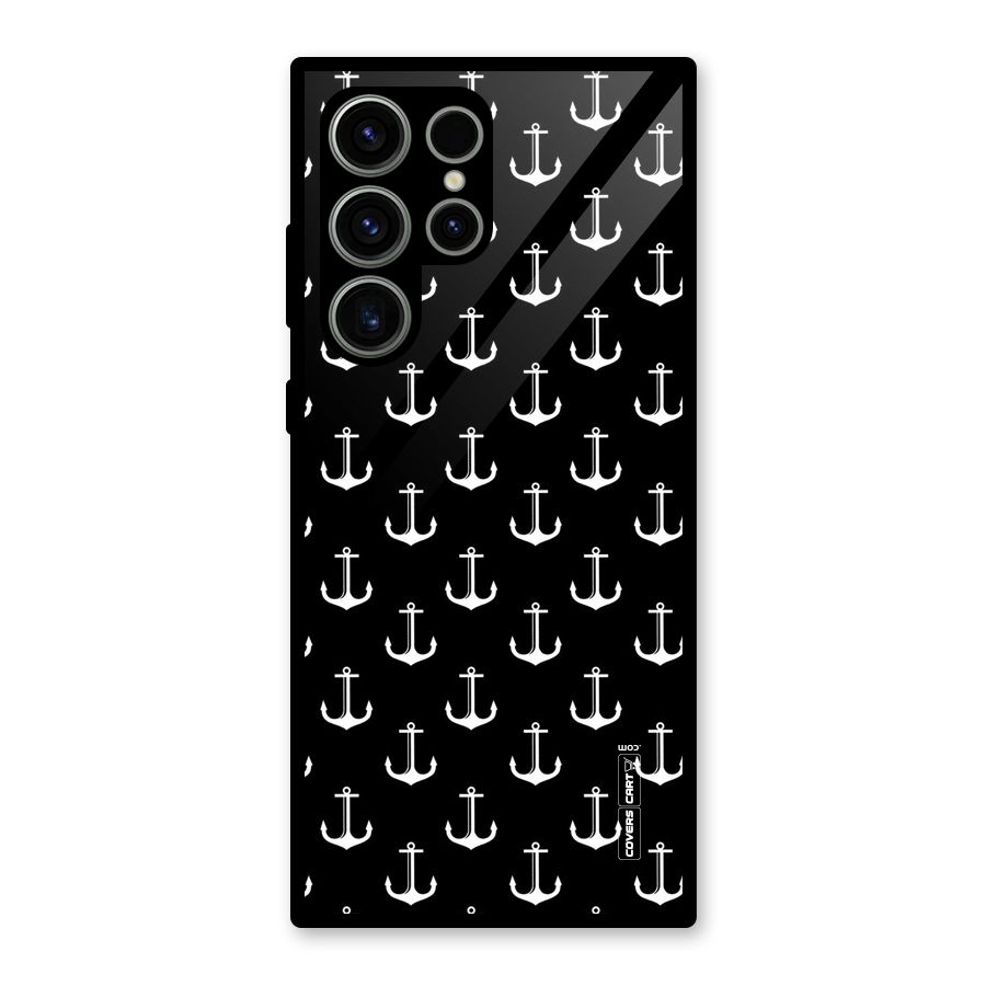 White And Black Anchor Pattern Glass Back Case for Galaxy S23 Ultra