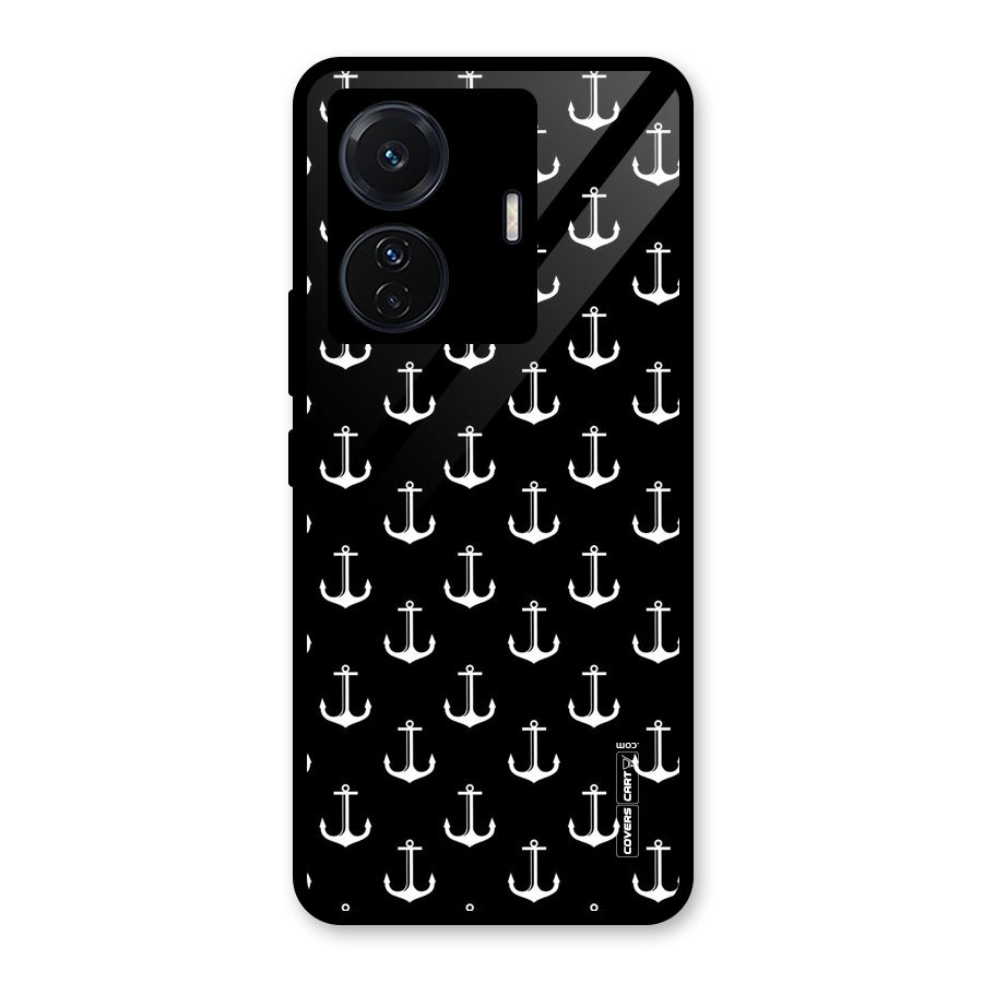 White And Black Anchor Pattern Glass Back Case for Vivo T1 Pro