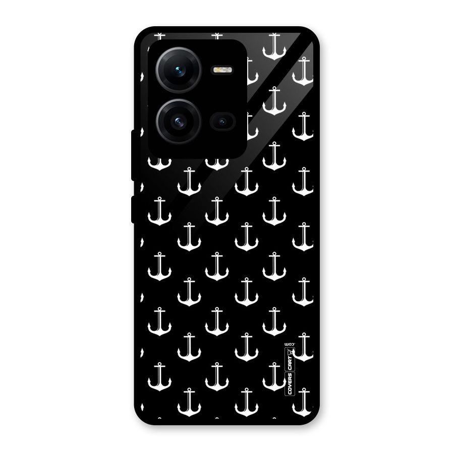 White And Black Anchor Pattern Glass Back Case for Vivo V25