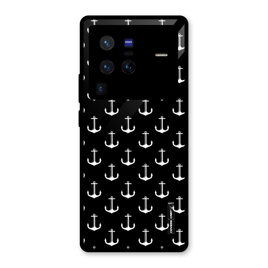 White And Black Anchor Pattern Glass Back Case for Vivo X80 Pro