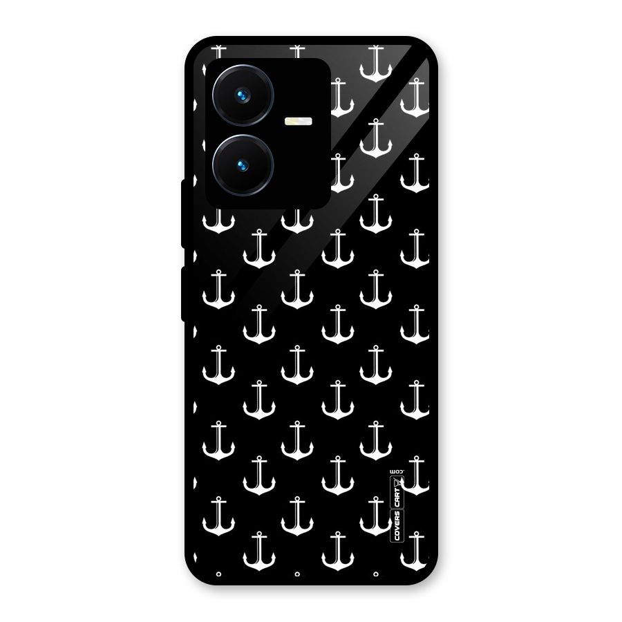 White And Black Anchor Pattern Glass Back Case for Vivo Y22