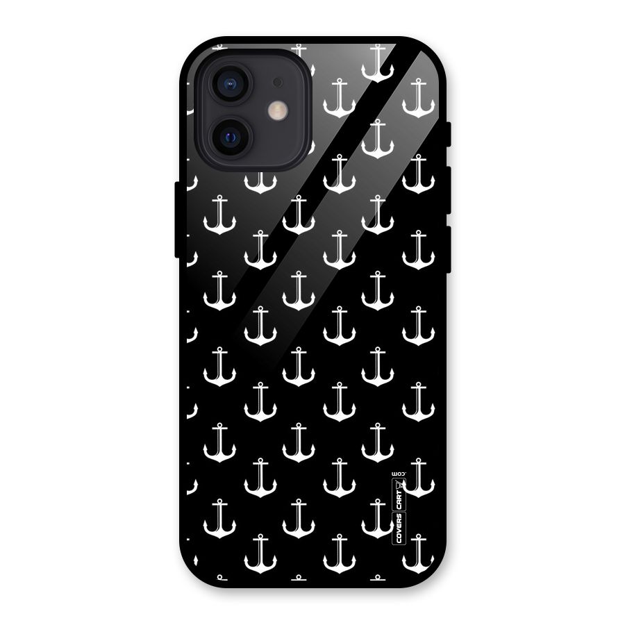 White And Black Anchor Pattern Glass Back Case for iPhone 12