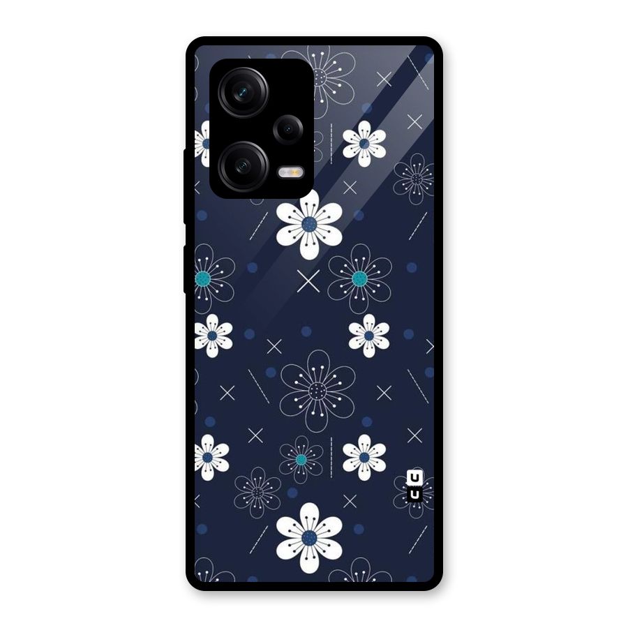 White Floral Shapes Glass Back Case for Redmi Note 12 Pro