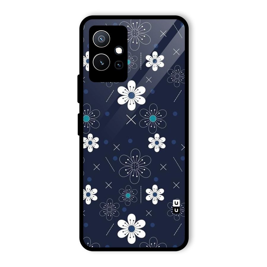 White Floral Shapes Glass Back Case for Vivo T1 5G