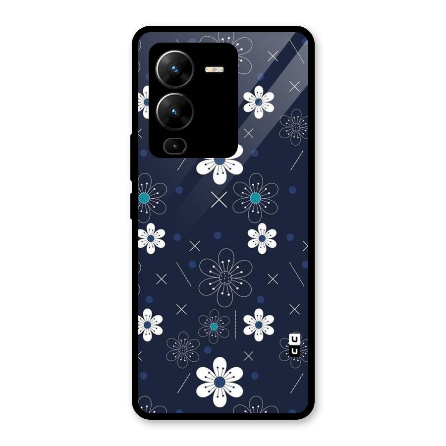 White Floral Shapes Glass Back Case for Vivo V25 Pro