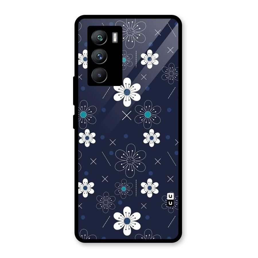 White Floral Shapes Glass Back Case for Vivo iQOO 9 SE