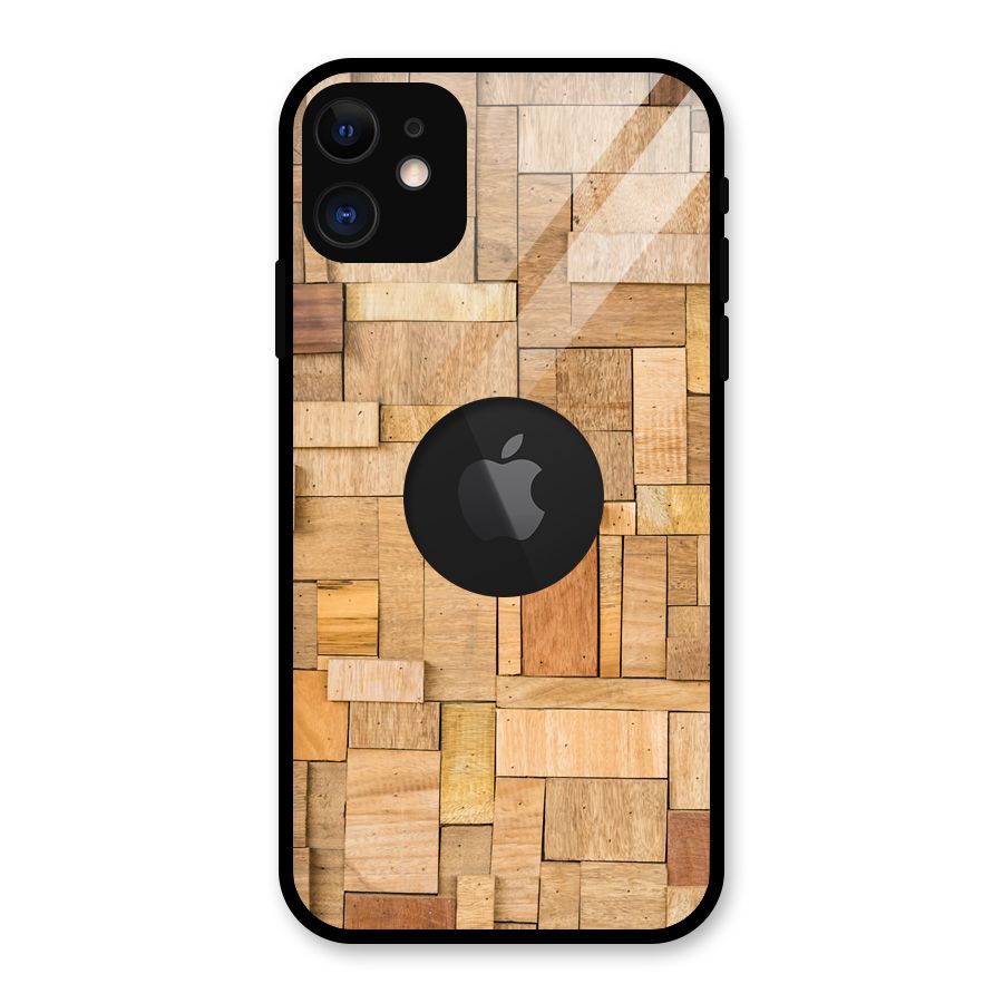 Wooden Blocks Glass Back Case for iPhone 11 Logo Cut