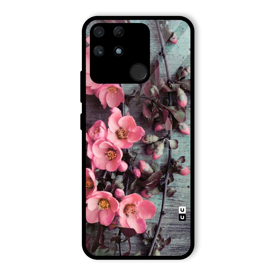 Wooden Floral Pink Glass Back Case for Realme Narzo 50A