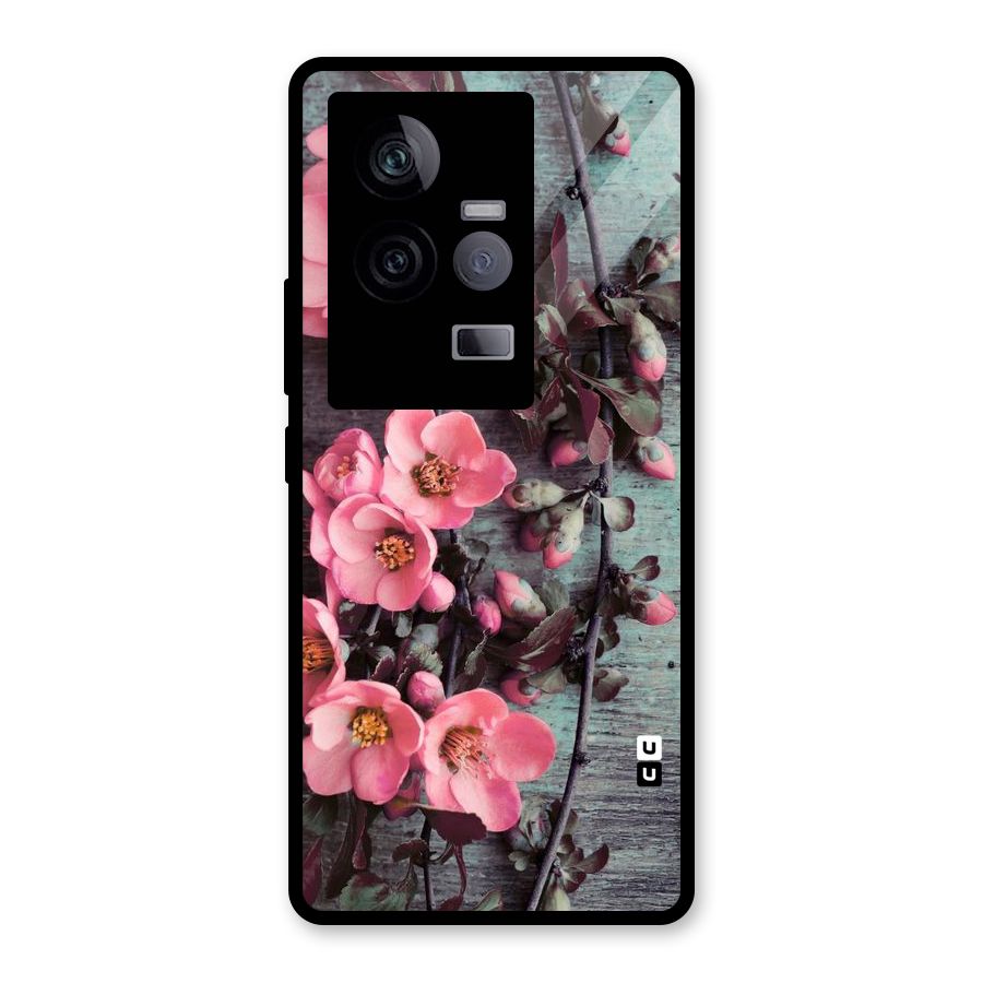 Wooden Floral Pink Glass Back Case for Vivo iQOO 11 5G